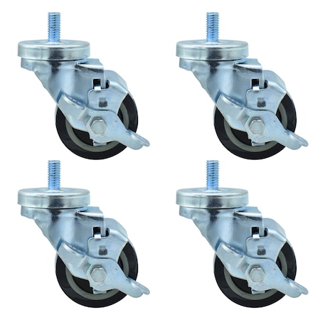 Bk Resources 3-inch Threaded Stem Casters, Polyurethane Wheels, Brake, 300lb Capacity, Acid Resistant, 4PK 3SBR-4ST-PLY-PS4